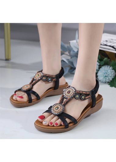 Modlily Falt Black Tribal Print Open Toe Scandals - 36