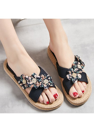 Modlily Flip Flops Black Floral Print Open Toe Falt Sliders - 36