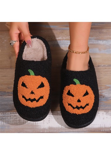 Modlily Flip Flops Black Halloween Pumpkin Print Round Toe Falt Slippers - 36