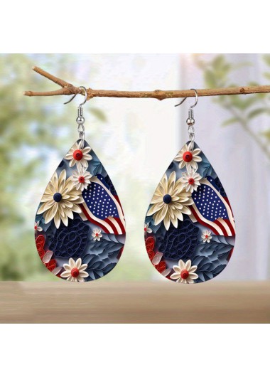 Modlily Floral American Flag Peacock Blue Teardrop Earrings - One Size