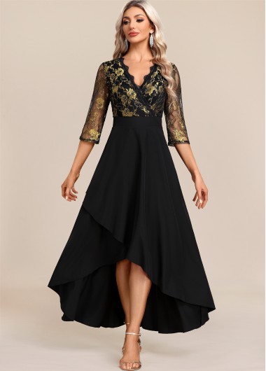 Modlily Floral Lace Patchwork Black High Low Dress - S