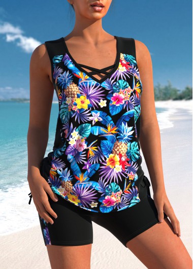 Modlily Floral Print Black Cross Strap Tankini Set - S