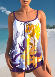 Modlily Floral Print Bowknot Purple Tankini Set - S