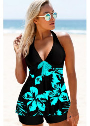 Modlily Floral Print Halter Keyhole Back Swimdress and Shorts - S