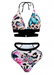 Modlily Floral Print Halter Leopard Bikini Set - XL