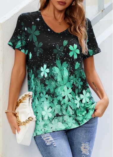 Modlily Floral Print Short Sleeve Green T Shirt - S