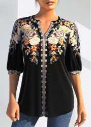 Modlily Floral Tribal Print Black Split Neck Blouse - S