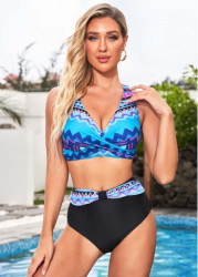 Modlily Front Cross High Waisted Tribal Print Bikini Set - M