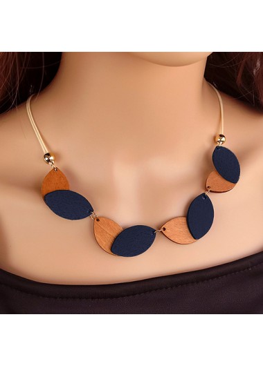 Modlily Geometric Navy Wood Oval Design Necklace - One Size