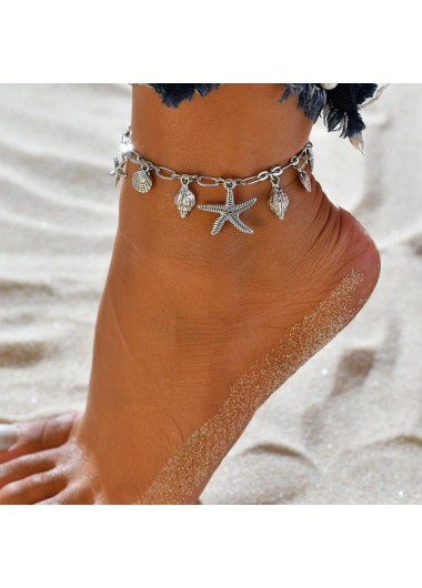 Modlily Geometric Pattern Metal Detail Silver Star Anklet - One Size