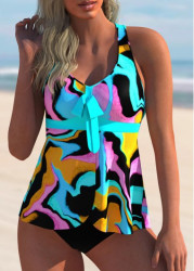 Modlily Geometric Print Bowknot Criss Cross Back Tankini Set - S