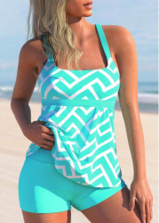 Modlily Geometric Print Cyan Wide Strap Tankini Set - XL