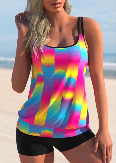 Modlily Geometric Print Double Straps Colorful Tankini Set - S