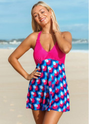 Modlily Geometric Print Halter Swimdress and Shorts - M