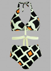 Modlily Geometric Print High Waisted Halter Bikini Set - M