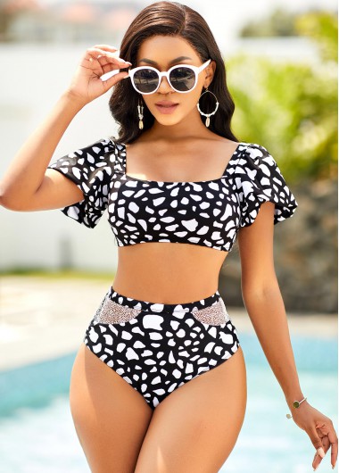 Modlily Geometric Print Lantern Sleeve Bikini Set - S