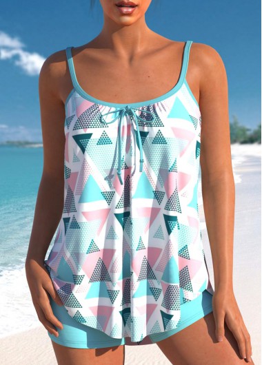 Modlily Geometric Print Light Blue Bowknot Tankini Set - M