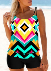 Modlily Geometric Print Multi Color Wide Strap Tankini Set - S