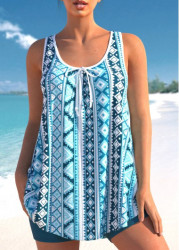 Modlily Geometric Print Sky Blue Bowknot Tankini Set - S