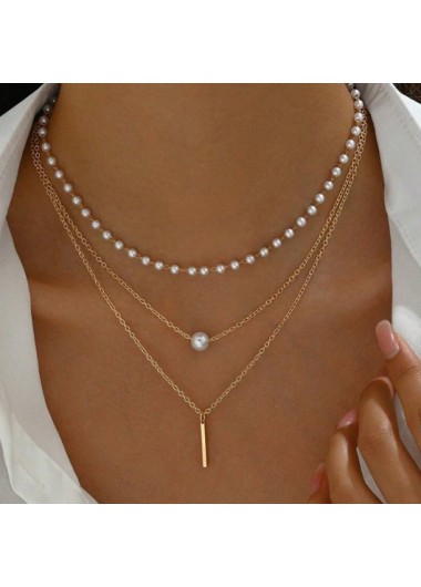 Modlily Gold Alloy Detail Pearl Multilayer Necklace - One Size