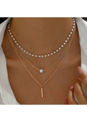 Modlily Gold Alloy Detail Pearl Multilayer Necklace - One Size