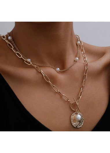 Modlily Gold Alloy Detail Pearl Two Piece Necklace - One Size