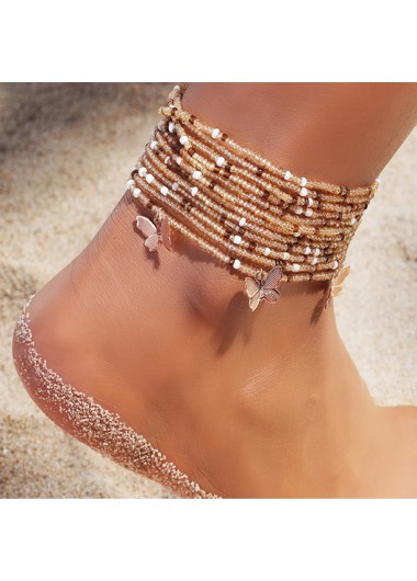 Modlily Gold Butterfly Polyresin Layered Beaded Anklets - One Size