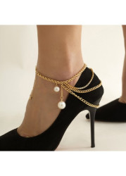 Modlily Gold Chain Layered Design Pearl Anklet - One Size