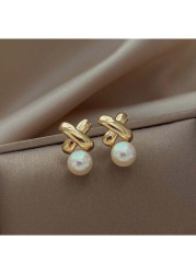 Modlily Gold Cross Alloy Detail Pearl Earrings - One Size