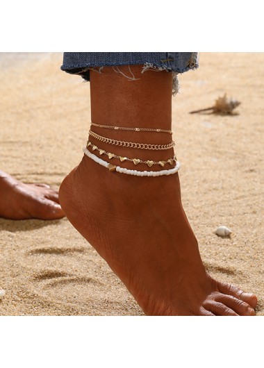 Modlily Gold Heart Layered Beaded Alloy Anklets - One Size