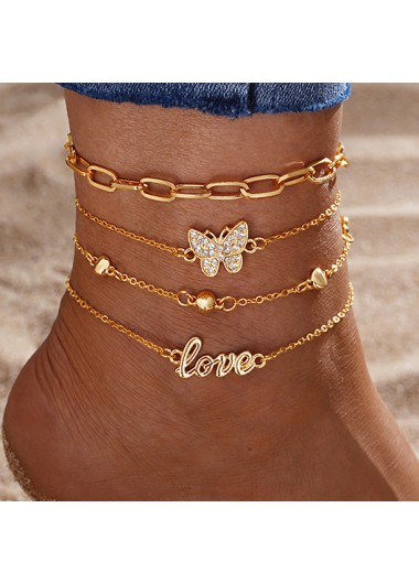 Modlily Gold Letter Layered Butterfly Alloy Anklets - One Size