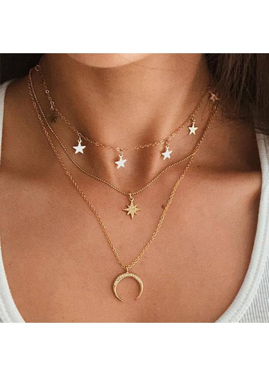 Modlily Gold Moon Star Layered Alloy Necklace - One Size