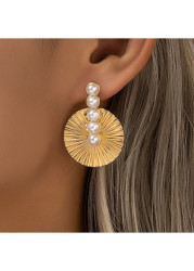 Modlily Gold Pearl Round Geometric Alloy Earrings - One Size