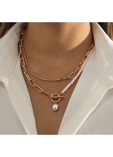 Modlily Gold Round Alloy Pearl Chain Necklace - One Size