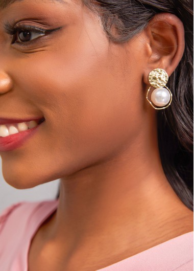 Modlily Gold Round Metal Detail Pearl Earrings - One Size