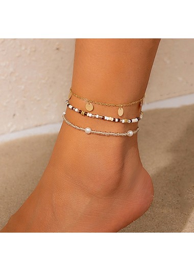 Modlily Gold Round Pearl Polyresin Anklet Set - One Size