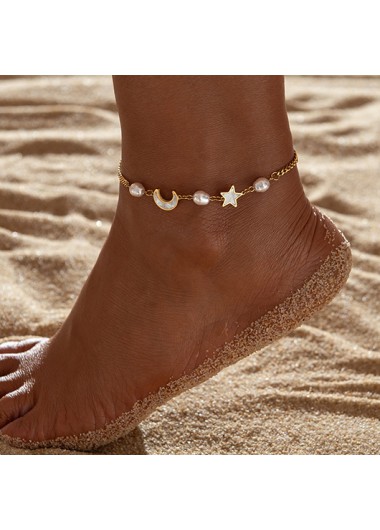 Modlily Gold Star Detail Moon Pearl Anklet - One Size