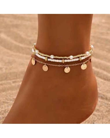 Modlily Golden Alloy Beaded Design Anklet Set - One Size