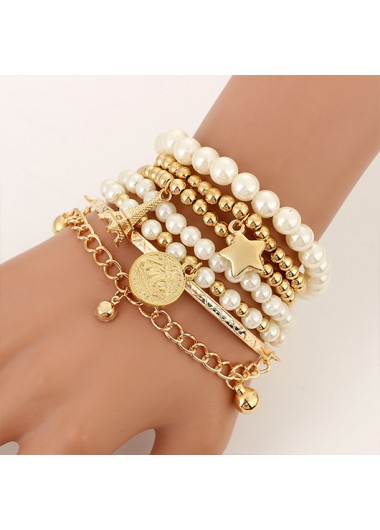 Modlily Golden Alloy Pearl Layered Star Bracelet Set - One Size