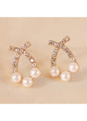 Modlily Golden Alloy Pearl Rhinestone Design Earrings - One Size