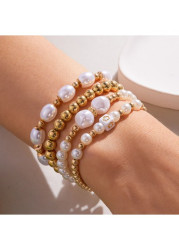 Modlily Golden Beaded Design Pearl Bracelet Set - One Size