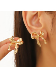 Modlily Golden Bow Alloy Bowknot Design Earrings - One Size