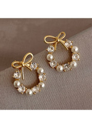 Modlily Golden Bow Alloy Detail Pearl Earrings - One Size