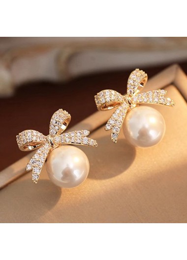 Modlily Golden Bow Pearl Alloy Detail Earrings - One Size