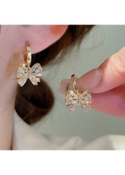 Modlily Golden Bow Rhinestone Copper Detail Earrings - One Size