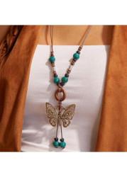 Modlily Golden Butterfly Design Beaded Alloy Necklace - One Size