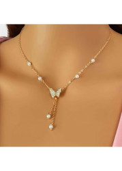 Modlily Golden Butterfly Design Pearl Alloy Necklace - One Size