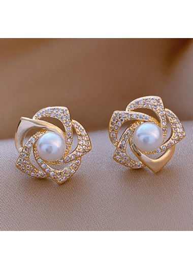 Modlily Golden Diamond Rose Pearl Metal Earrings - One Size