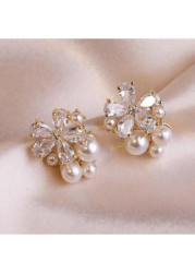 Modlily Golden Flower Pearl Design Alloy Earrings - One Size