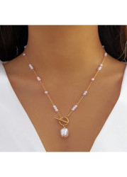 Modlily Golden Geometric Pearl Design Alloy Necklace - One Size